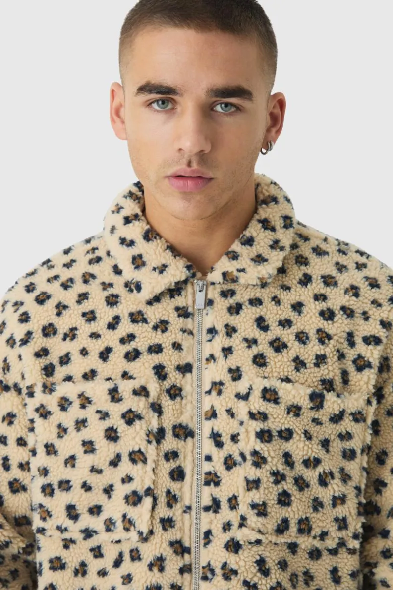 Best boohooMAN Oversized Leopard Print Borg Zip Overshirt stone