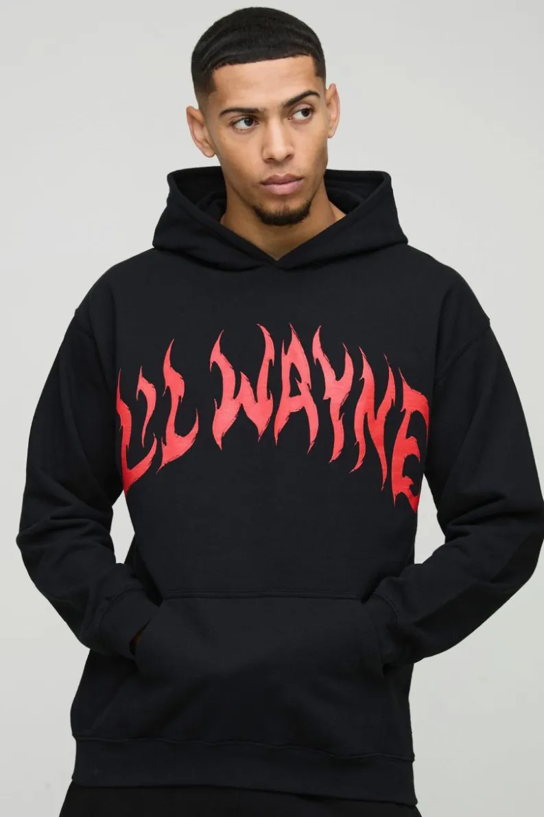 Shop boohooMAN Oversized Lil Wayne License Print Hoodie black
