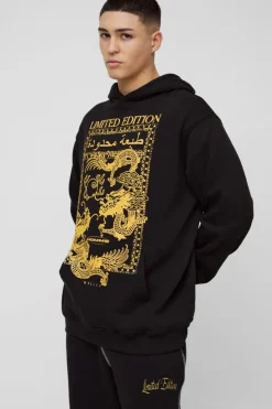Flash Sale boohooMAN Oversized Limited Dragon Graphic Hoodie black