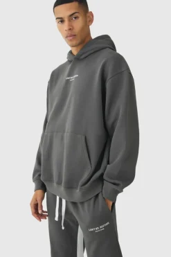 Sale boohooMAN Oversized Limited Edition Extended Drawcords Hooded Tracksuit charcoal