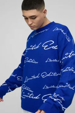Cheap boohooMAN Oversized Limited Edition Knitted Jumper cobalt
