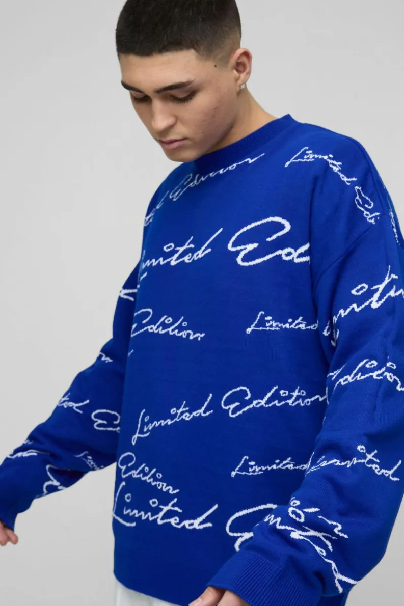 Cheap boohooMAN Oversized Limited Edition Knitted Jumper cobalt