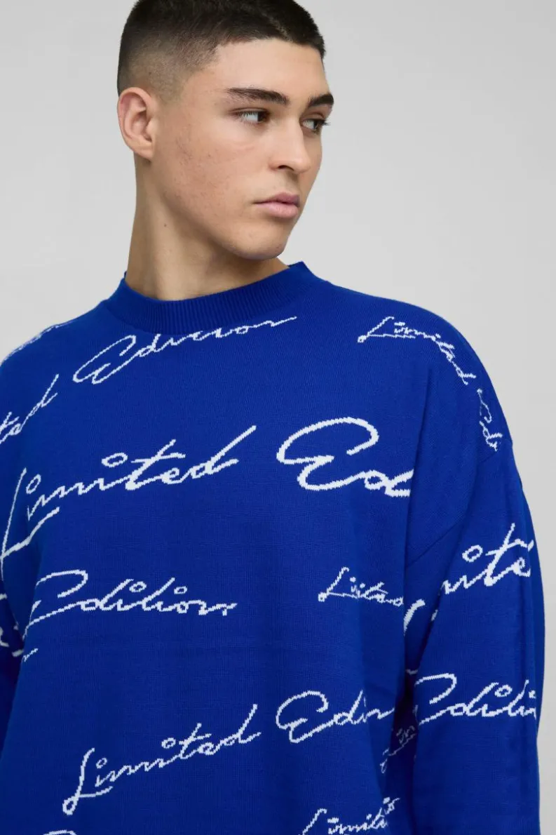 Cheap boohooMAN Oversized Limited Edition Knitted Jumper cobalt