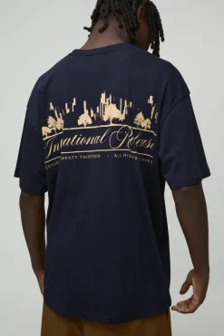 Hot boohooMAN Oversized Limited Edition Landscape Printed T-Shirt navy