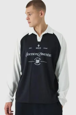 Discount boohooMAN Oversized Limited Edition Long Sleeve Rugby Polo black