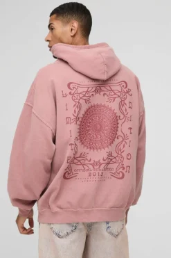 Clearance boohooMAN Oversized Limited Edition Puff Print Washed Hoodie dusty pink