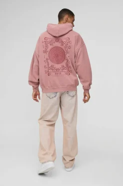 Clearance boohooMAN Oversized Limited Edition Puff Print Washed Hoodie dusty pink