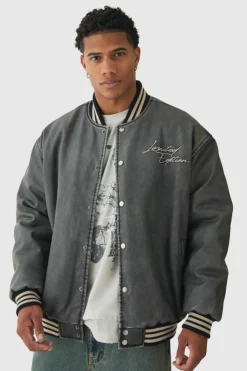Clearance boohooMAN Oversized Limited Embroidered Washed PU Bomber Jacket In grey