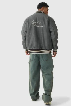 Clearance boohooMAN Oversized Limited Embroidered Washed PU Bomber Jacket In grey