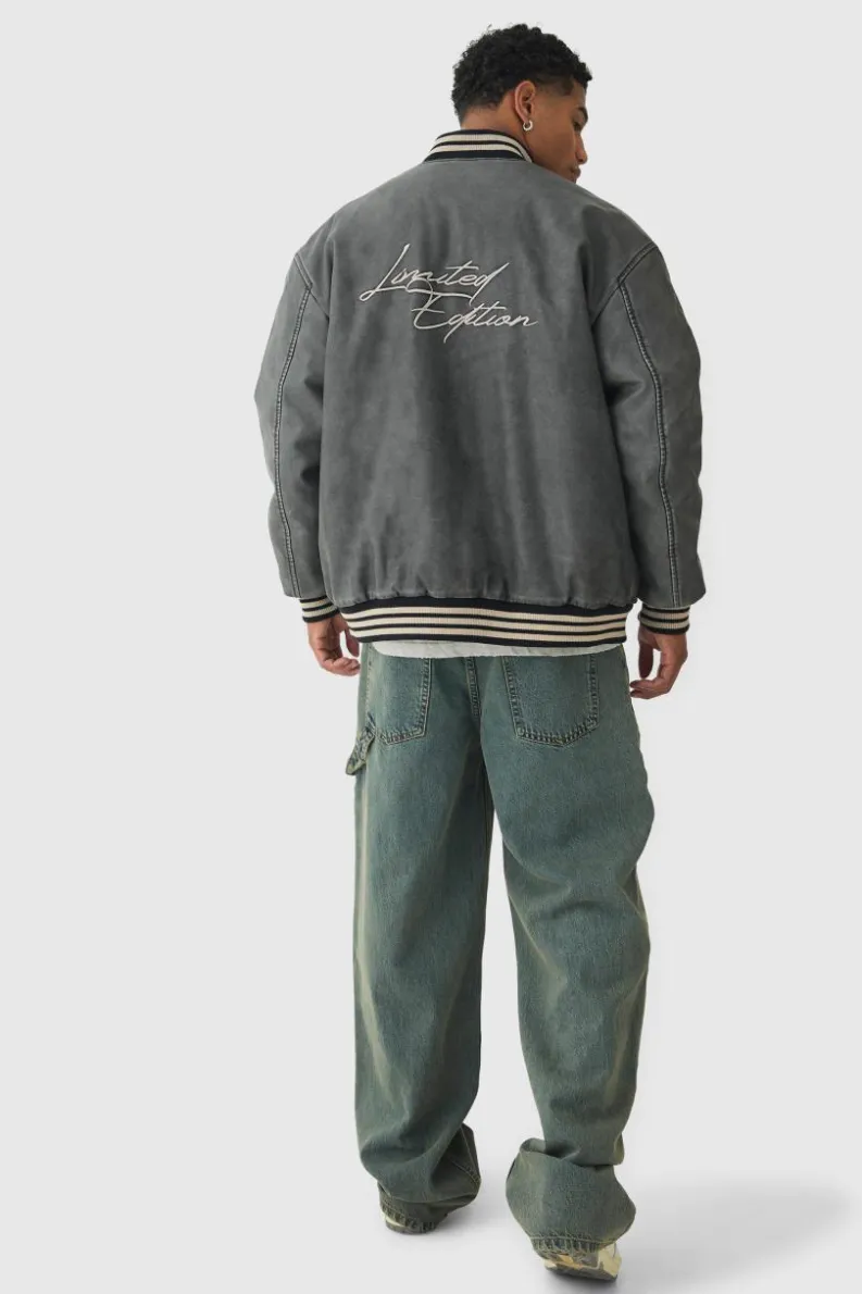 Clearance boohooMAN Oversized Limited Embroidered Washed PU Bomber Jacket In grey