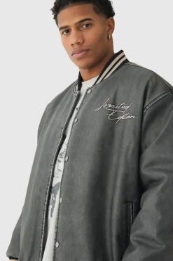 Clearance boohooMAN Oversized Limited Embroidered Washed PU Bomber Jacket In grey