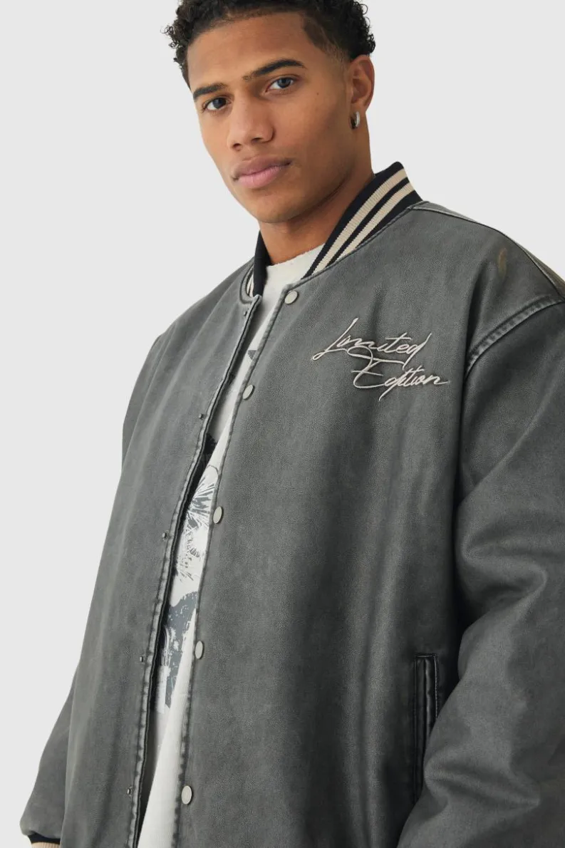 Clearance boohooMAN Oversized Limited Embroidered Washed PU Bomber Jacket In grey