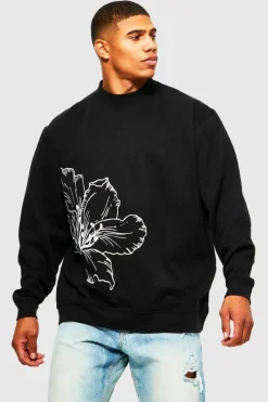 Clearance boohooMAN Oversized Line Drawn Flower Print Sweatshirt black