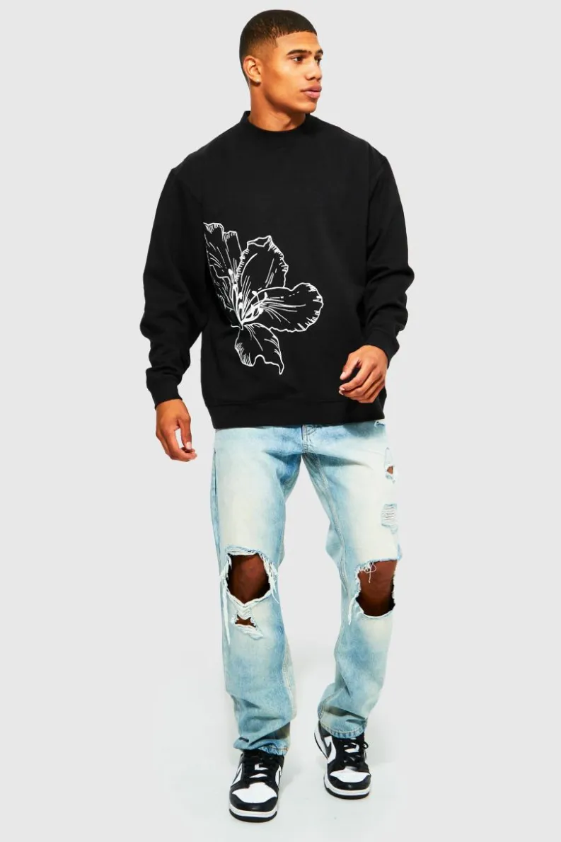 Clearance boohooMAN Oversized Line Drawn Flower Print Sweatshirt black