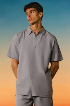 Fashion boohooMAN Oversized Linen Concealed Placket Shirt dark grey