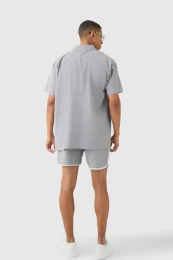 Fashion boohooMAN Oversized Linen Concealed Placket Shirt dark grey