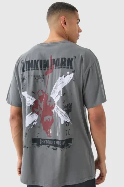 Online boohooMAN Oversized Linkin Park Wash License T-shirt charcoal