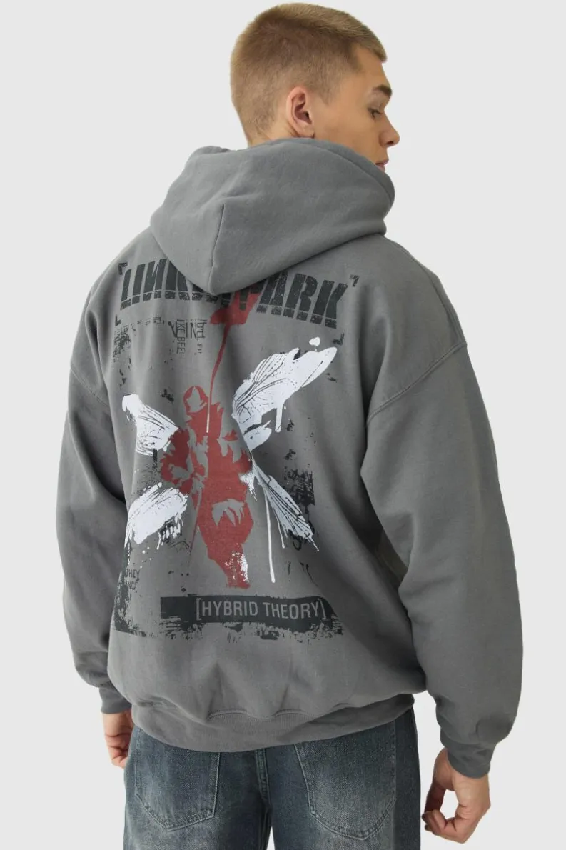 Fashion boohooMAN Oversized Linkin Park Wash License Hoodie charcoal