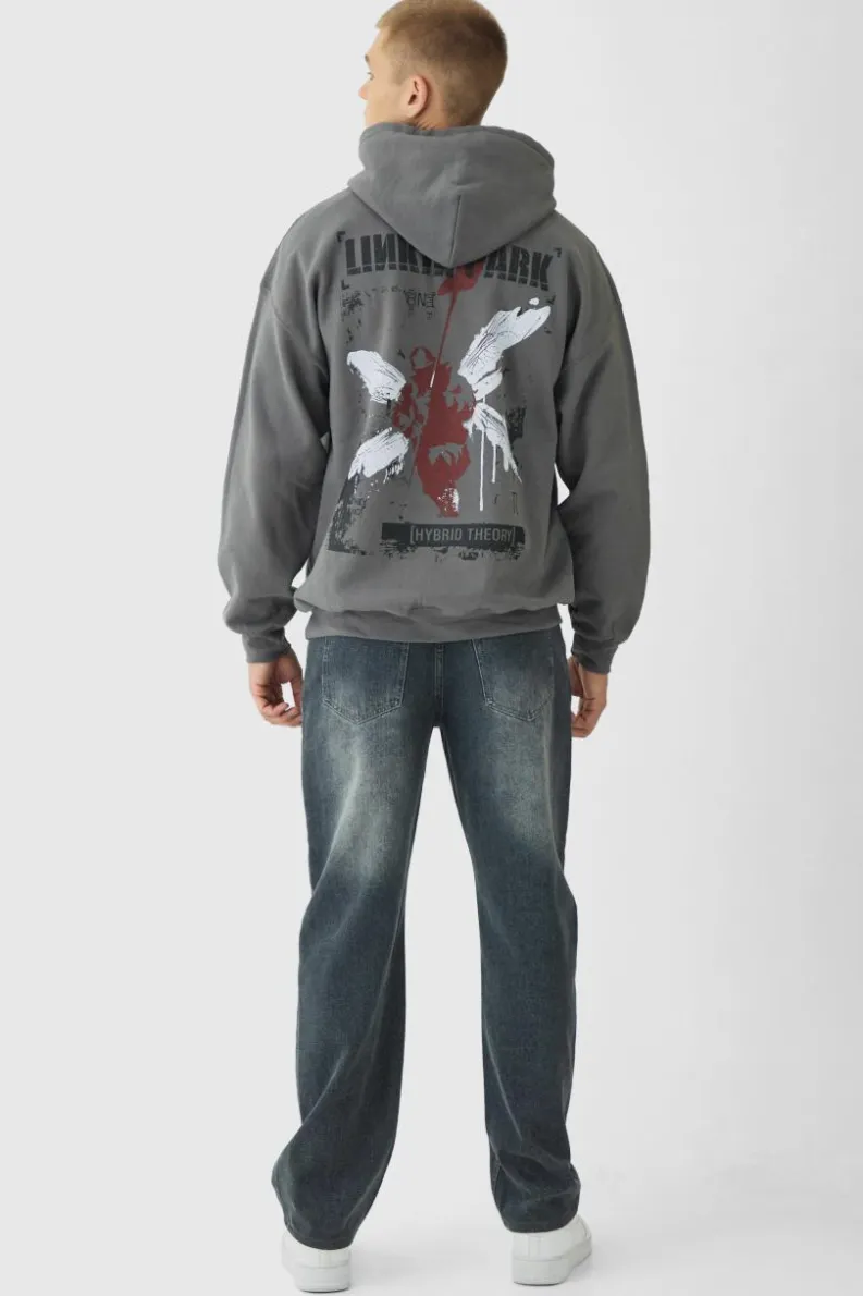 Fashion boohooMAN Oversized Linkin Park Wash License Hoodie charcoal