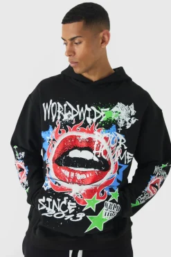 Online boohooMAN Oversized Lip Graffiti Graphic Hoodie black