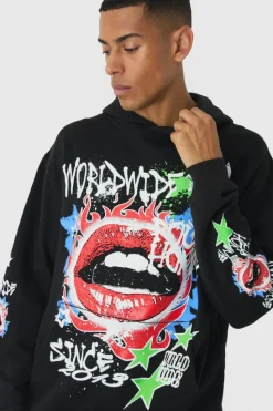 Online boohooMAN Oversized Lip Graffiti Graphic Hoodie black