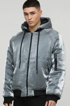 Flash Sale boohooMAN Oversized Liquid Metallic Hooded Bomber Jacket In grey