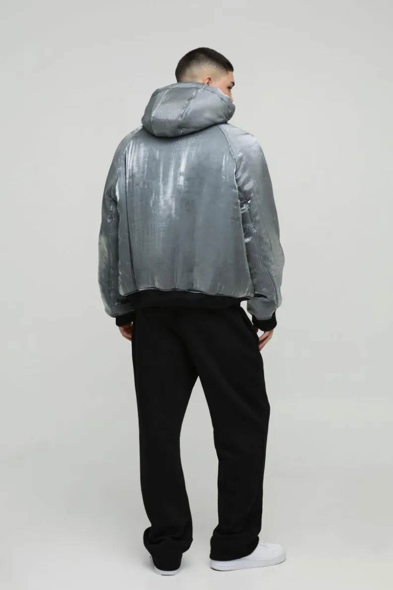 Flash Sale boohooMAN Oversized Liquid Metallic Hooded Bomber Jacket In grey