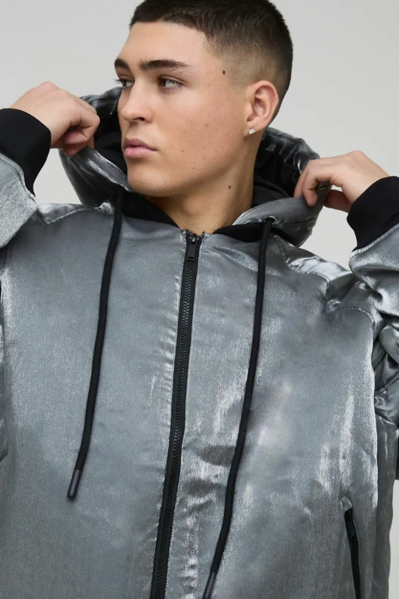 Flash Sale boohooMAN Oversized Liquid Metallic Hooded Bomber Jacket In grey