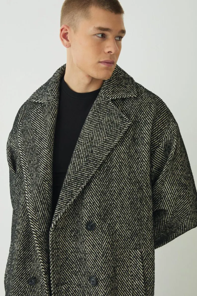 Cheap boohooMAN Oversized Longline Herringbone Overcoat In black