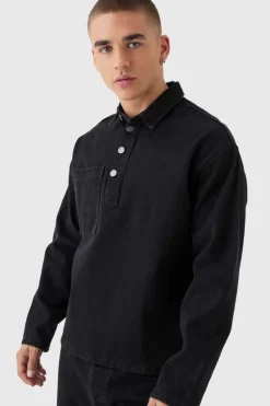 Online boohooMAN Oversized Long Sleeve 1/4 Neck Denim Shirt washed black
