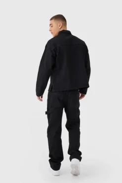 Online boohooMAN Oversized Long Sleeve 1/4 Neck Denim Shirt washed black
