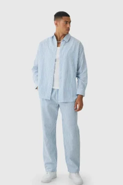 Best Sale boohooMAN Oversized Long Sleeve Striped Shirt & Trouser Set In light blue