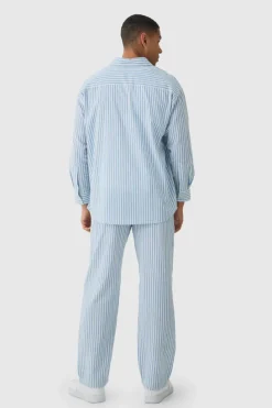 Best Sale boohooMAN Oversized Long Sleeve Striped Shirt & Trouser Set In light blue