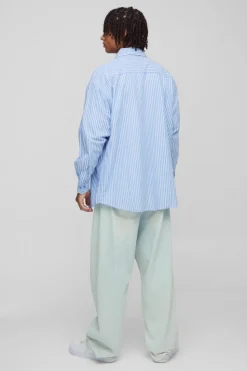 Fashion boohooMAN Oversized Long Sleeve Striped Shirt In Blue light blue