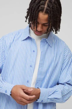 Fashion boohooMAN Oversized Long Sleeve Striped Shirt In Blue light blue