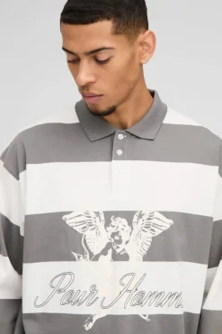 Shop boohooMAN Oversized Long Sleeve Stripe Homme Printed Rugby Polo charcoal