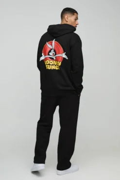 Discount boohooMAN Oversized Looney Tunes License Print Hoodie black