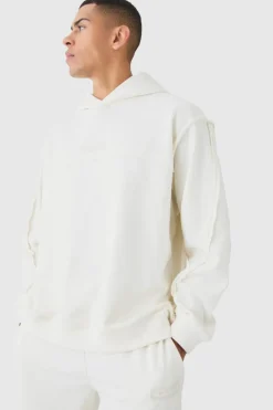 New boohooMAN Oversized Loopback Raw Hem Panel Hooded Tracksuit ecru