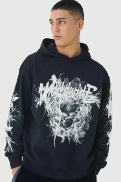 Sale boohooMAN Oversized Loopback Raw Seams Worldwide Printed Hoodie black