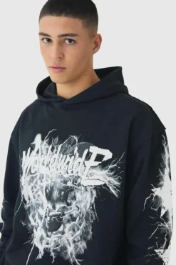 Sale boohooMAN Oversized Loopback Raw Seams Worldwide Printed Hoodie black