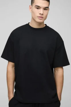 New boohooMAN Oversized Man Embroidered Waffle T-Shirt black
