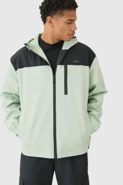 Clearance boohooMAN Oversized Man Tab Colour Block Hooded Windbreaker In sage