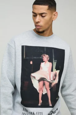 Hot boohooMAN Oversized Marilyn License Print Sweatshirt grey marl
