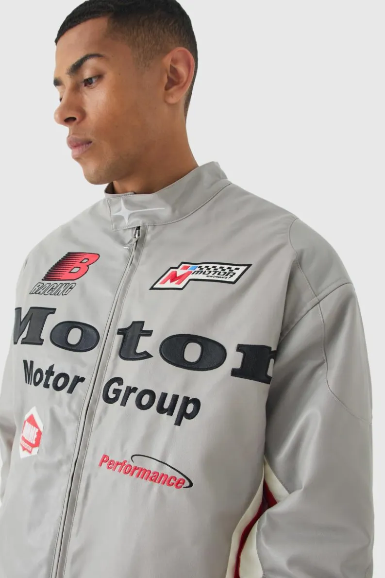 Flash Sale boohooMAN Oversized Mesh Panel PU Moto Jacket In grey