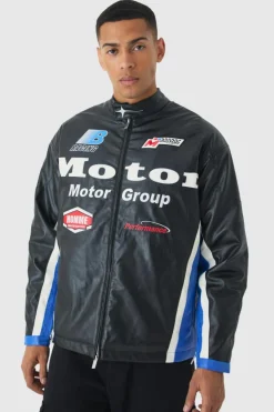 Best boohooMAN Oversized Mesh Panel PU Moto Jacket In black