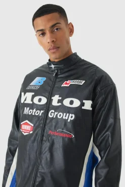 Best boohooMAN Oversized Mesh Panel PU Moto Jacket In black