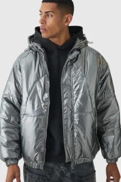Shop boohooMAN Oversized Metallic Hooded Puffer In charcoal