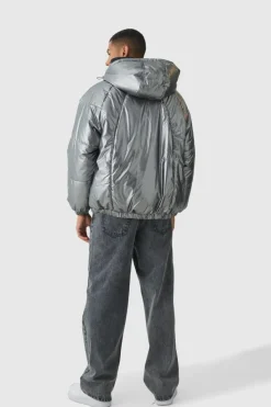 Shop boohooMAN Oversized Metallic Hooded Puffer In charcoal