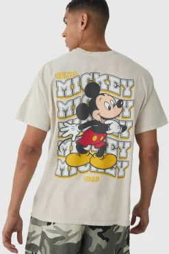 Clearance boohooMAN Oversized Mickey Mouse Disney Wash License Back Print T-shirt stone