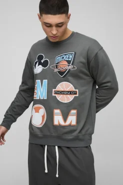 Store boohooMAN Oversized Mickey Mouse Varsity License Print Sweatshirt charcoal